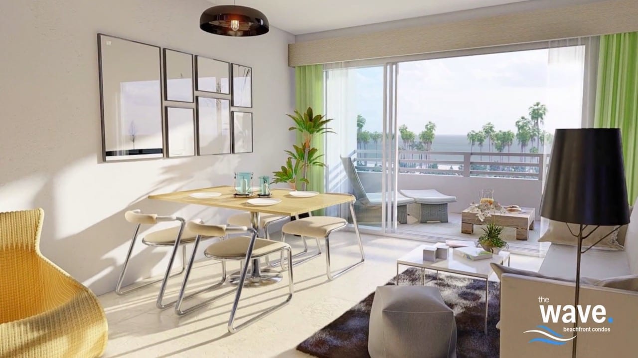 Rendering of The Wave Condos suite interior with garden view