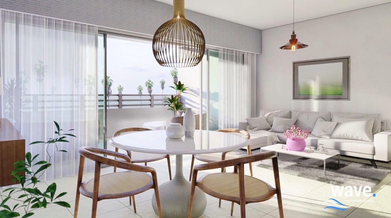 Rendering of The Wave Condos suite interior with balcony over the garden