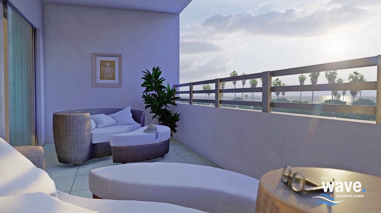 Rendering of The Wave Condos suite balcony in the evening