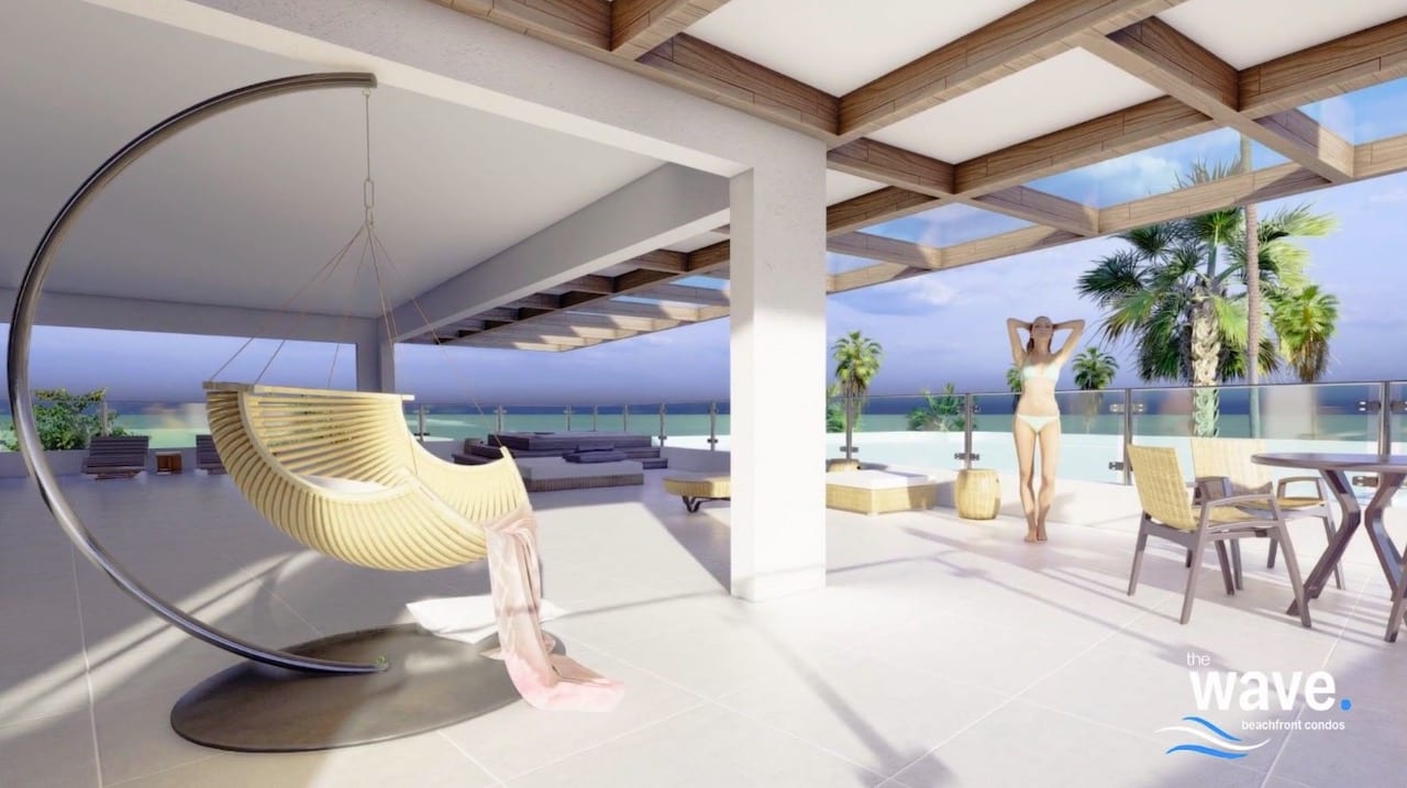 Rendering of The Wave Condos pool side loungers and swing