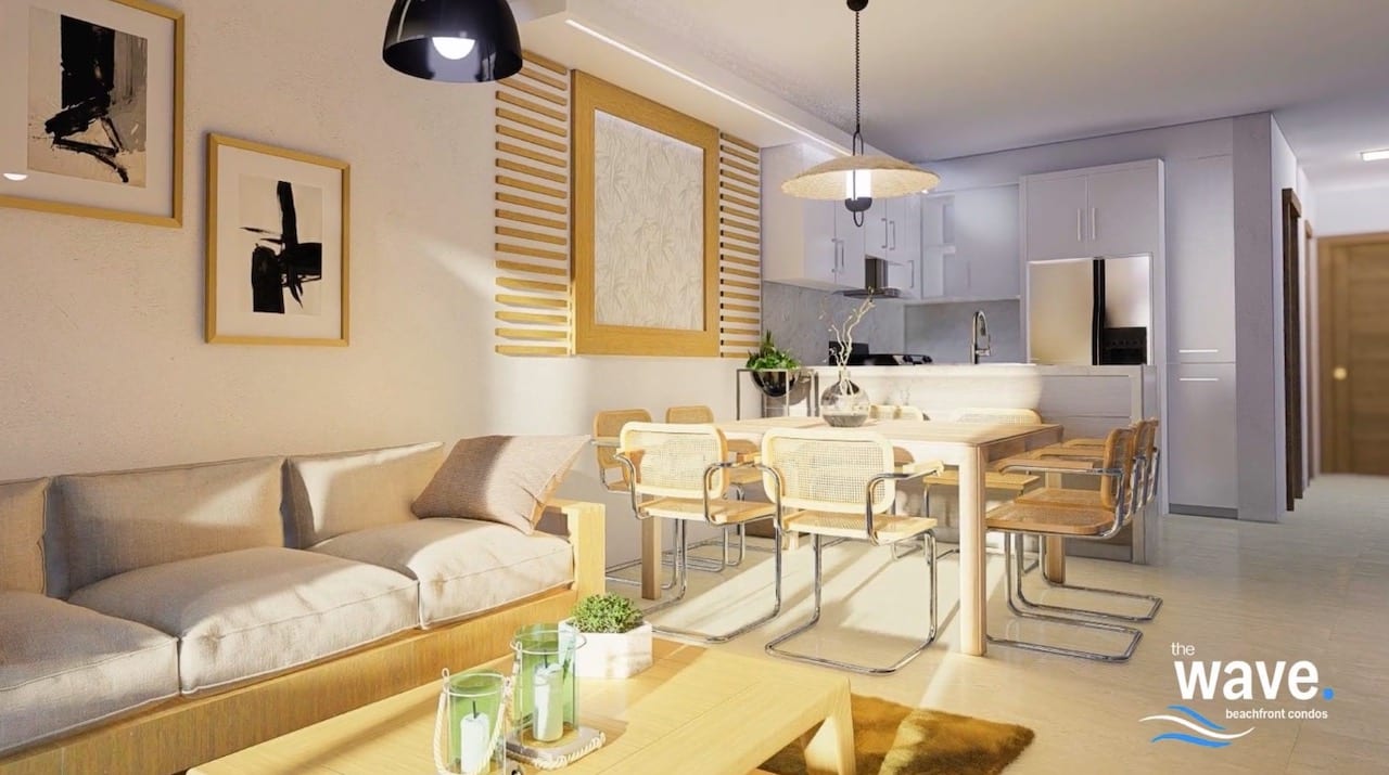 Rendering of The Wave Condos suite interior dining and kitchen area
