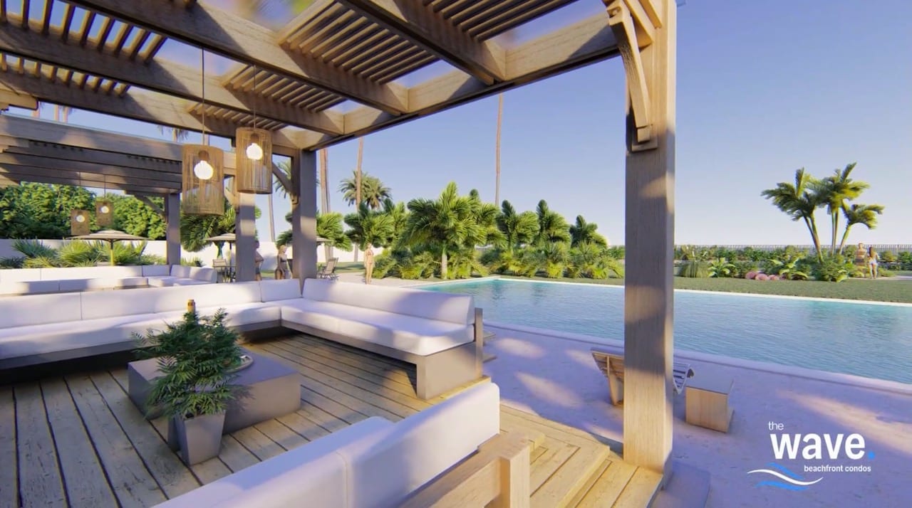 Rendering of The Wave Condos covered pool side lounge