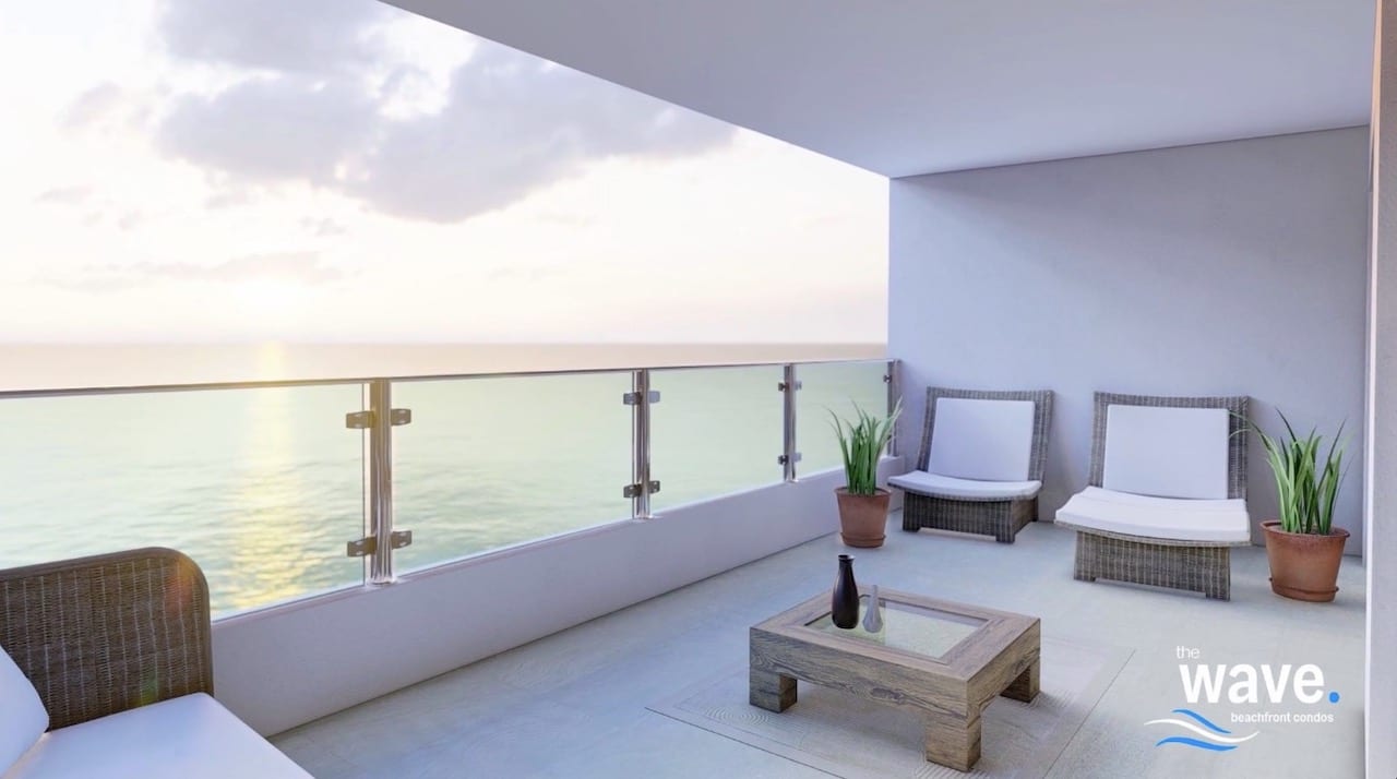 Rendering of The Wave Condos suite balcony with ocean view