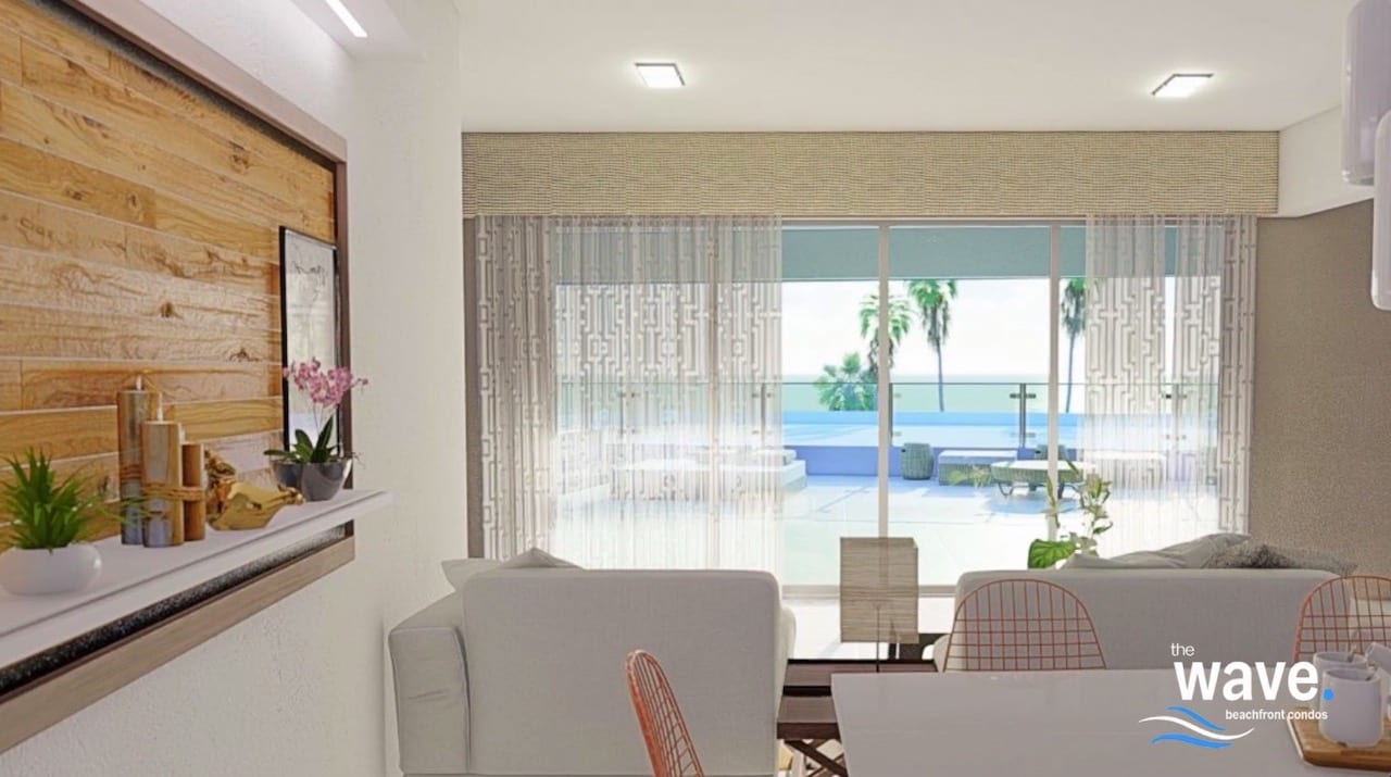 Rendering of The Wave Condos suite interior with ocean view