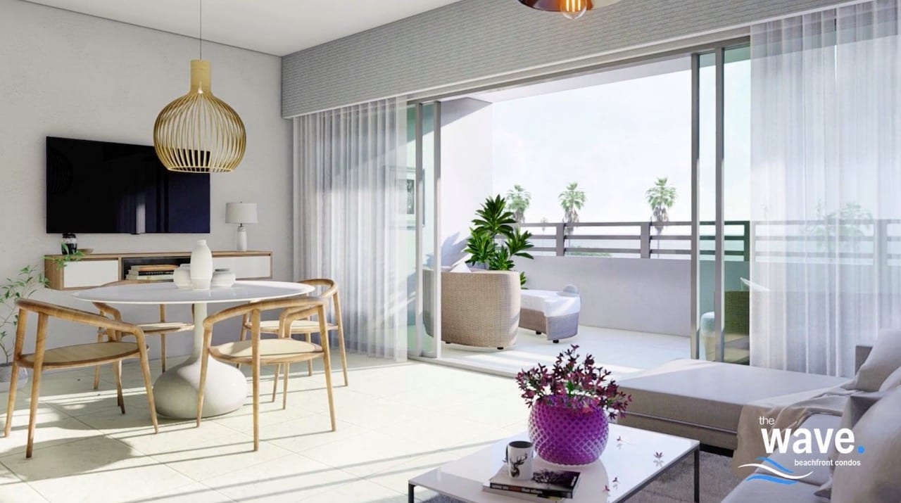 Rendering of The Wave Condos suite interior with balcony