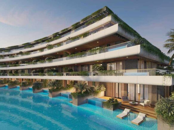 Rendering of Atlantida Condos exterior with pool