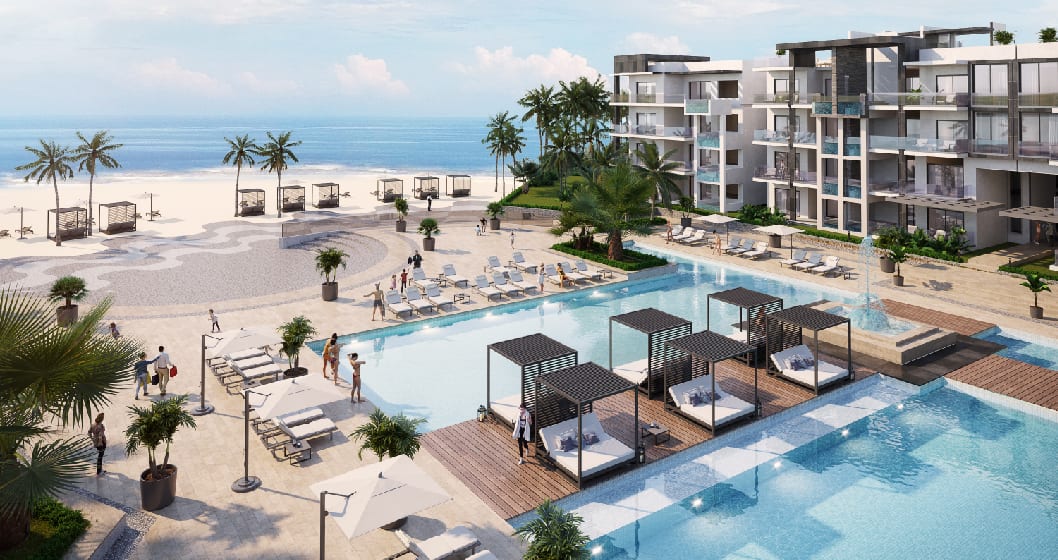 Rendering of Ocean Bay Luxury Beach Residences aerial outdoor pools with cabanas