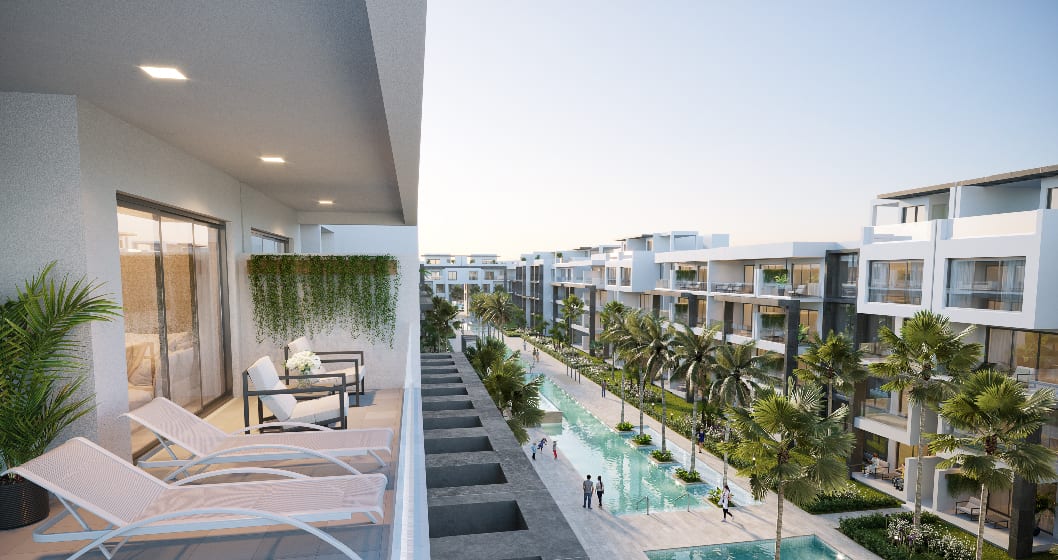 Rendering of Ocean Bay Luxury Beach Residences suite balcony view of pools