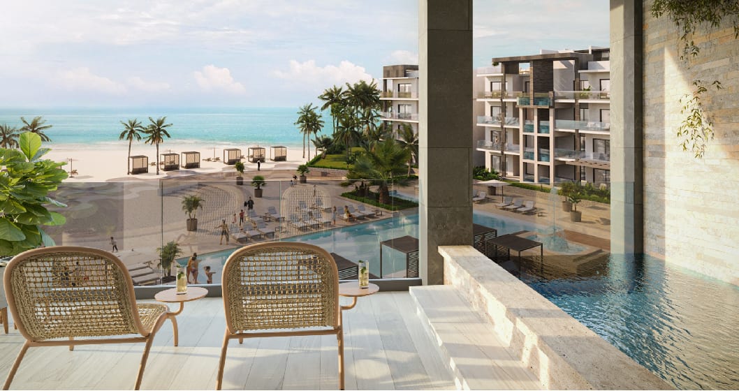 Rendering of Ocean Bay Luxury Beach Residences suite balcony with water feature