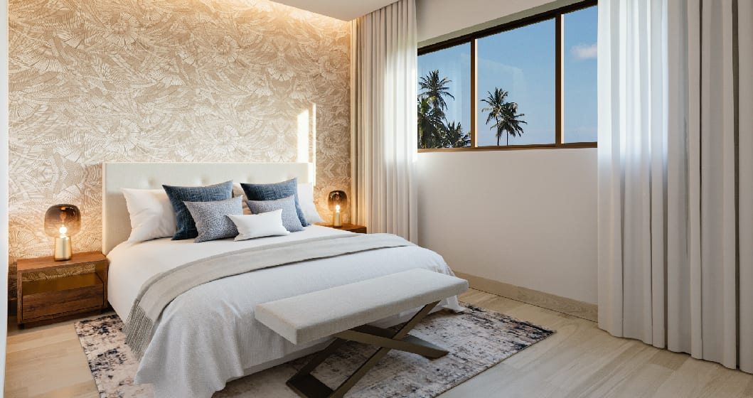 Rendering of Ocean Bay Luxury Beach Residences suite interior bedroom