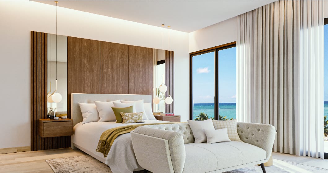 Rendering of Ocean Bay Luxury Beach Residences suite interior bedroom with seating