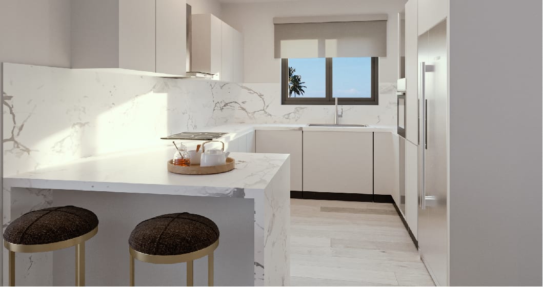 Rendering of Ocean Bay Luxury Beach Residences suite interior kitchen