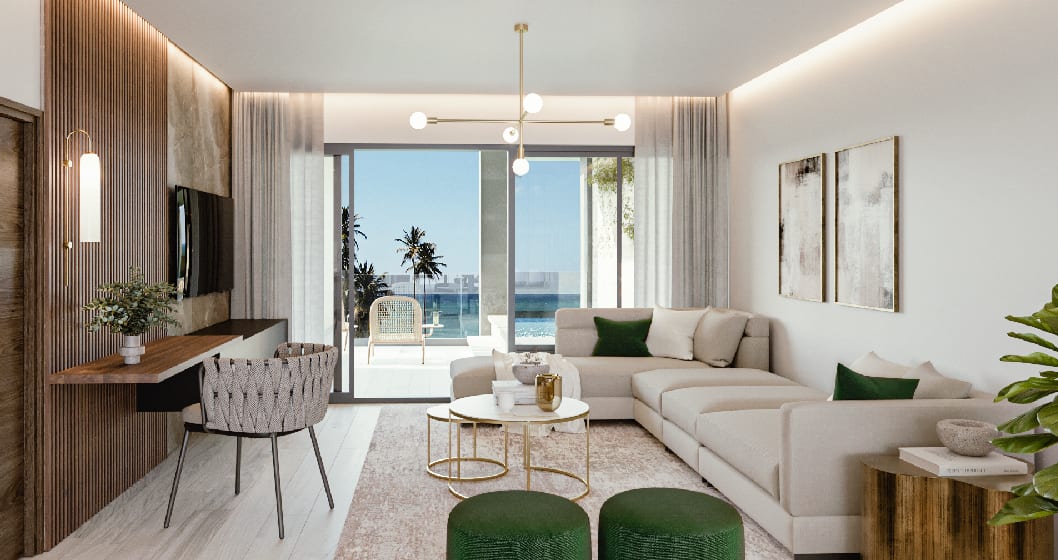 Rendering of Ocean Bay Luxury Beach Residences suite interior living room