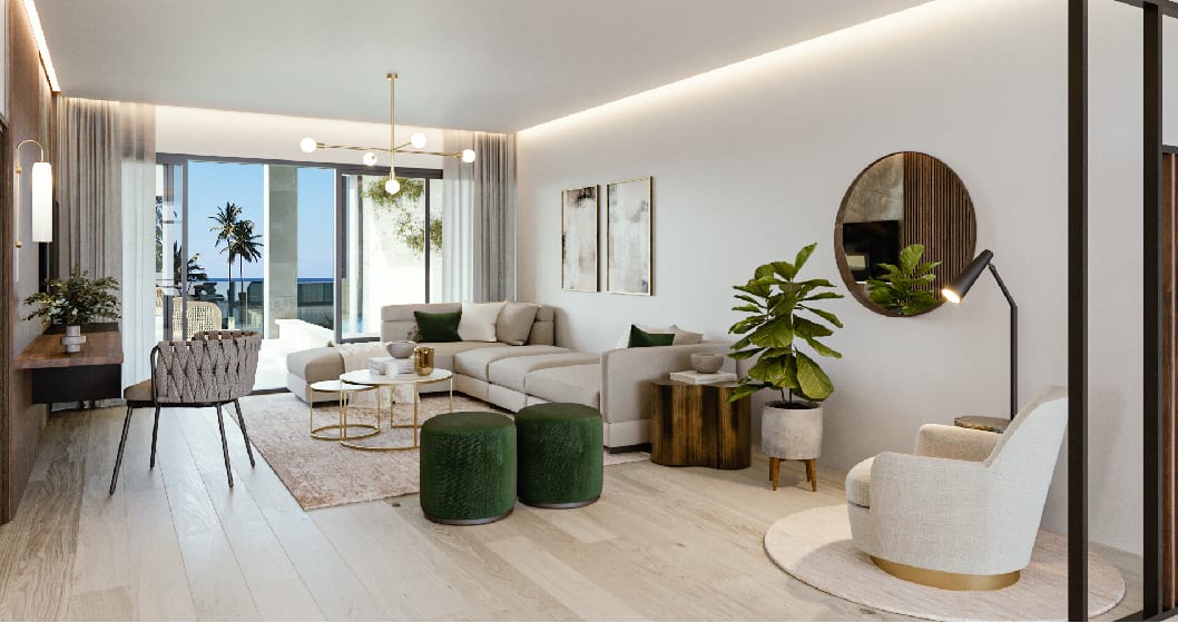 Rendering of Ocean Bay Luxury Beach Residences suite interior living room with ocean views
