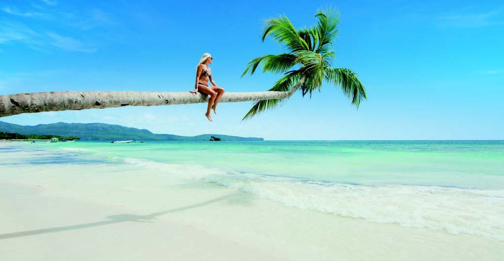 Person sitting on a palm tree stretched out over the sand and ocean in the Dominican Republic