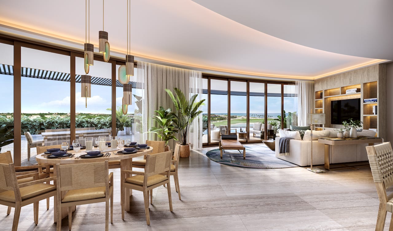 Rendering of St. Regis Cap Cana Condos living room and dining area