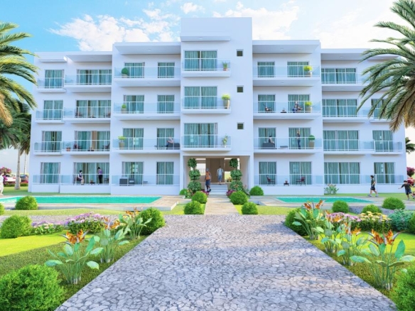 Rendering of Laguna City Condos in the Dominican Republic exterior full view with pathway to the entrance