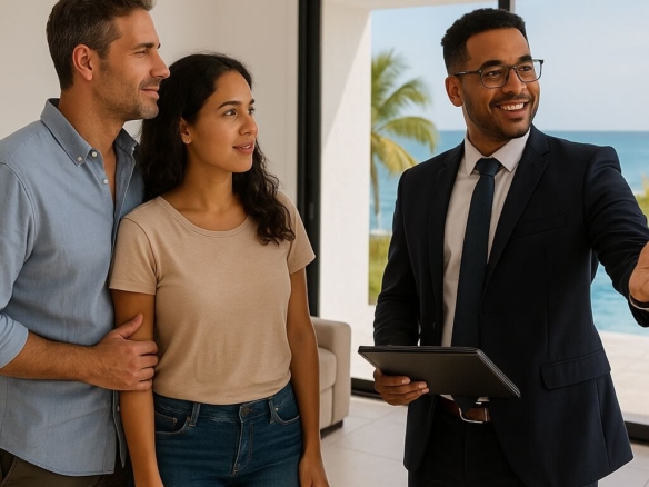 Real estate agent showing a couple a beachfront property, illustrating how to choose the right home to buy in the Dominican Republic.