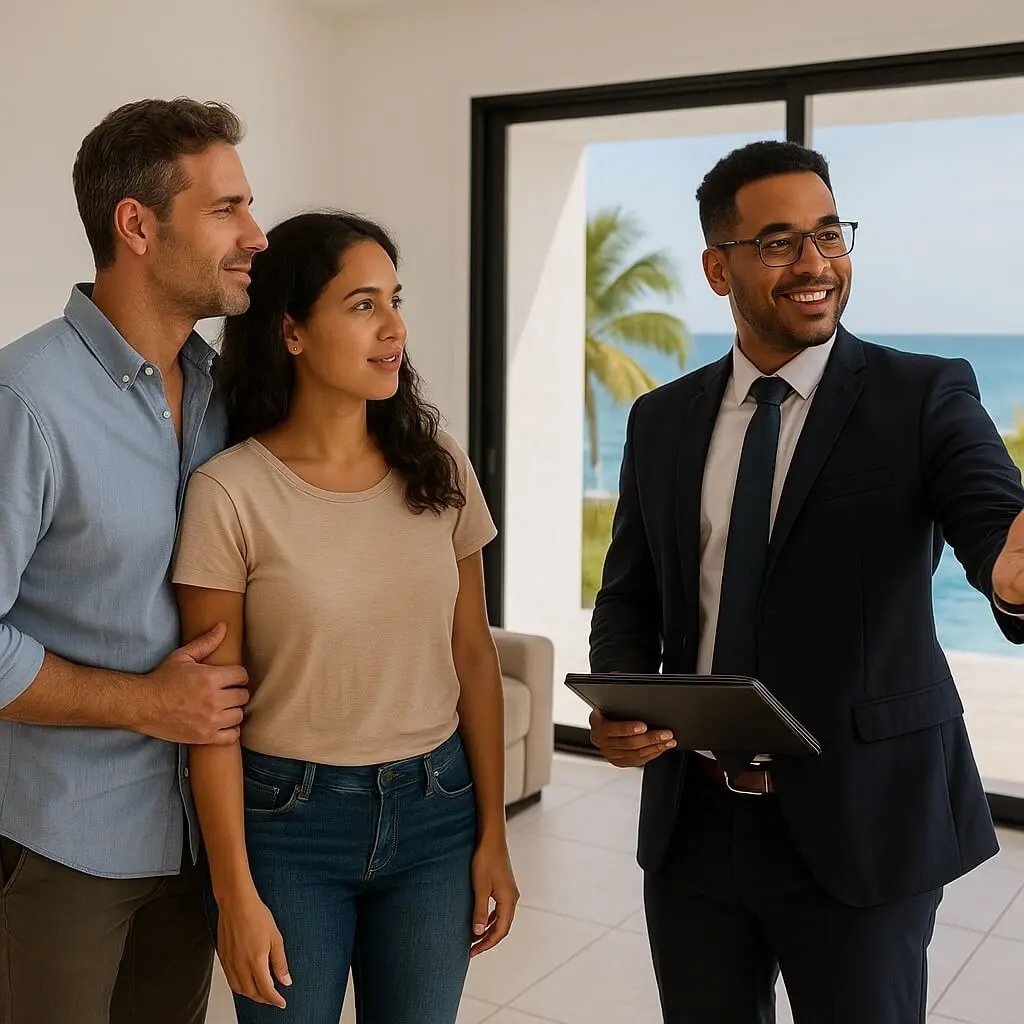 Real estate agent showing a couple a beachfront property, illustrating how to choose the right home to buy in the Dominican Republic.