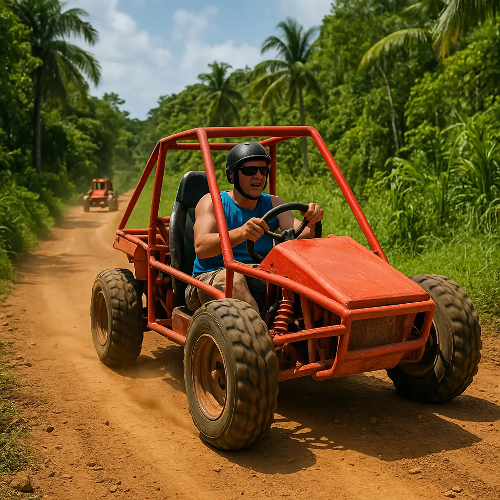 Man driving a red off-road buggy along a dirt trail in Punta Cana, surrounded by palm trees and tropical greenery under a sunny sky.