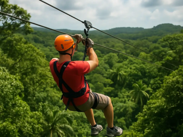 Person zip-lining through the tropical treetops in Punta Cana, Dominican Republic, with lush jungle scenery and blue sky in the background.