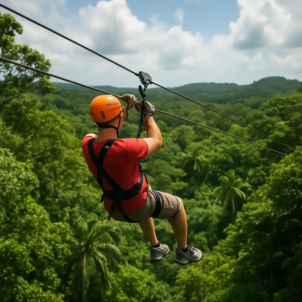 Person zip-lining through the tropical treetops in Punta Cana, Dominican Republic, with lush jungle scenery and blue sky in the background.