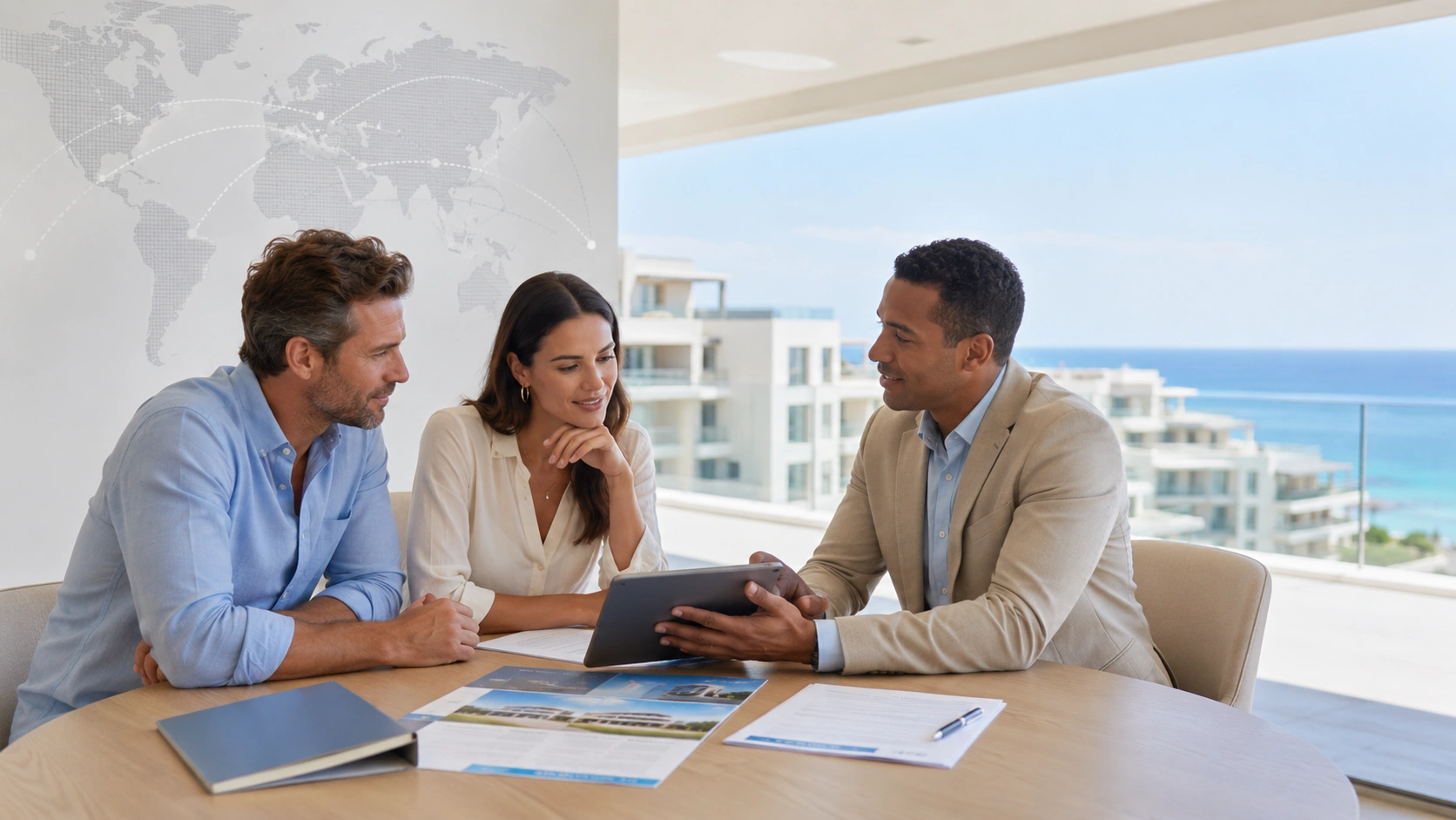 Foreign buyers reviewing Dominican Republic housing options with a local real estate advisor.