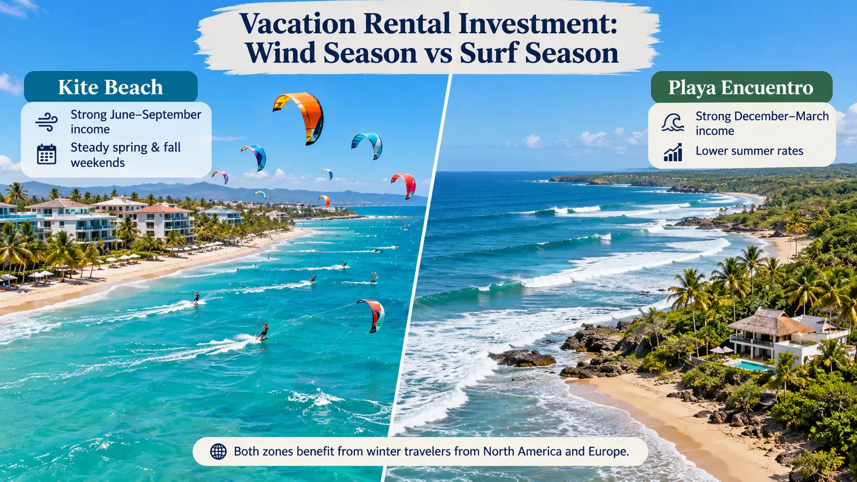 Kite Beach vs Playa Encuentro vacation rental investment comparison during wind and surf seasons.